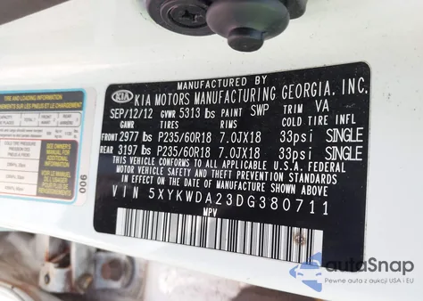 2013 Kia Sorento Sx V6 из США, поврежденный, VIN 5XYKWDA23DG380711